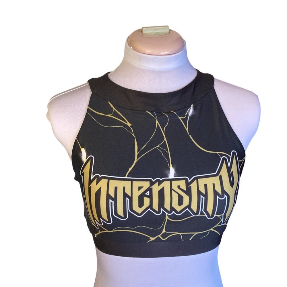 Forever Intensity Sports Bra, Size Medium, Black Gold Mesh Stretchy Electric‎